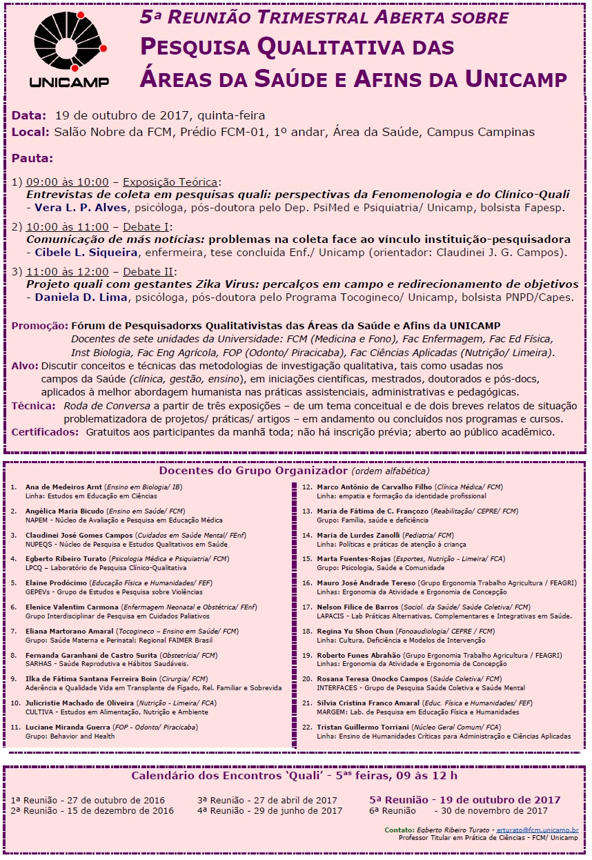 5ª Reunião Trimestral Aberta Sobre PEsquisa Qualitativa das Áreas da Saúde e Afins da Unica,p