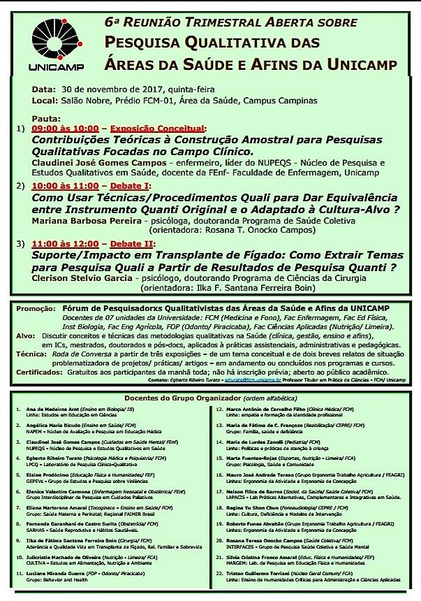 6ª Reunião Trimestral Aberta Sobre Pesquisa Qualitativa das Áreas de Saúde e Afins da Unicamp